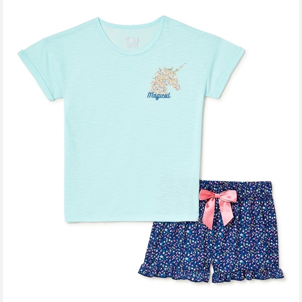 Sleep On It Girls Unicorn Floral 2-Piece Pajama Shorts Sleep Set, L (14/16)
